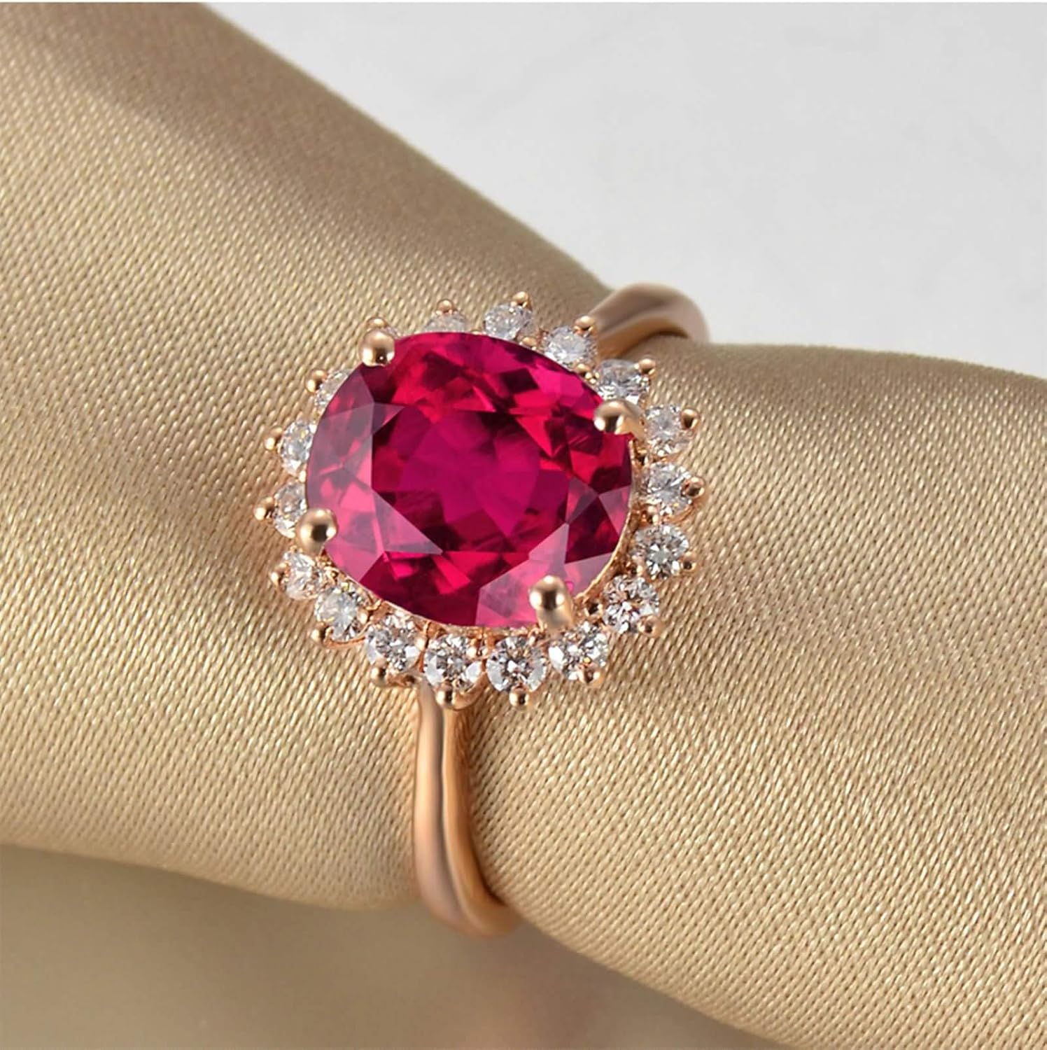 Wedding Band 9 ct / 14 ct / 18 ct Rose Gold Women, Flower and Oval with 3ct Created Ruby and Moissanite, Engagement Ring Rose Gold