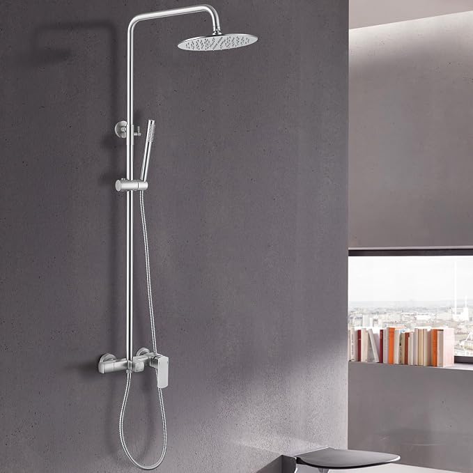 Sistema de ducha expuesta RBROHANT con grifo para bañera, grifería expuesta de níquel cepillado con válvula de ducha de latón de 3 funciones, altura ajustable, montaje en pared miniatura 3