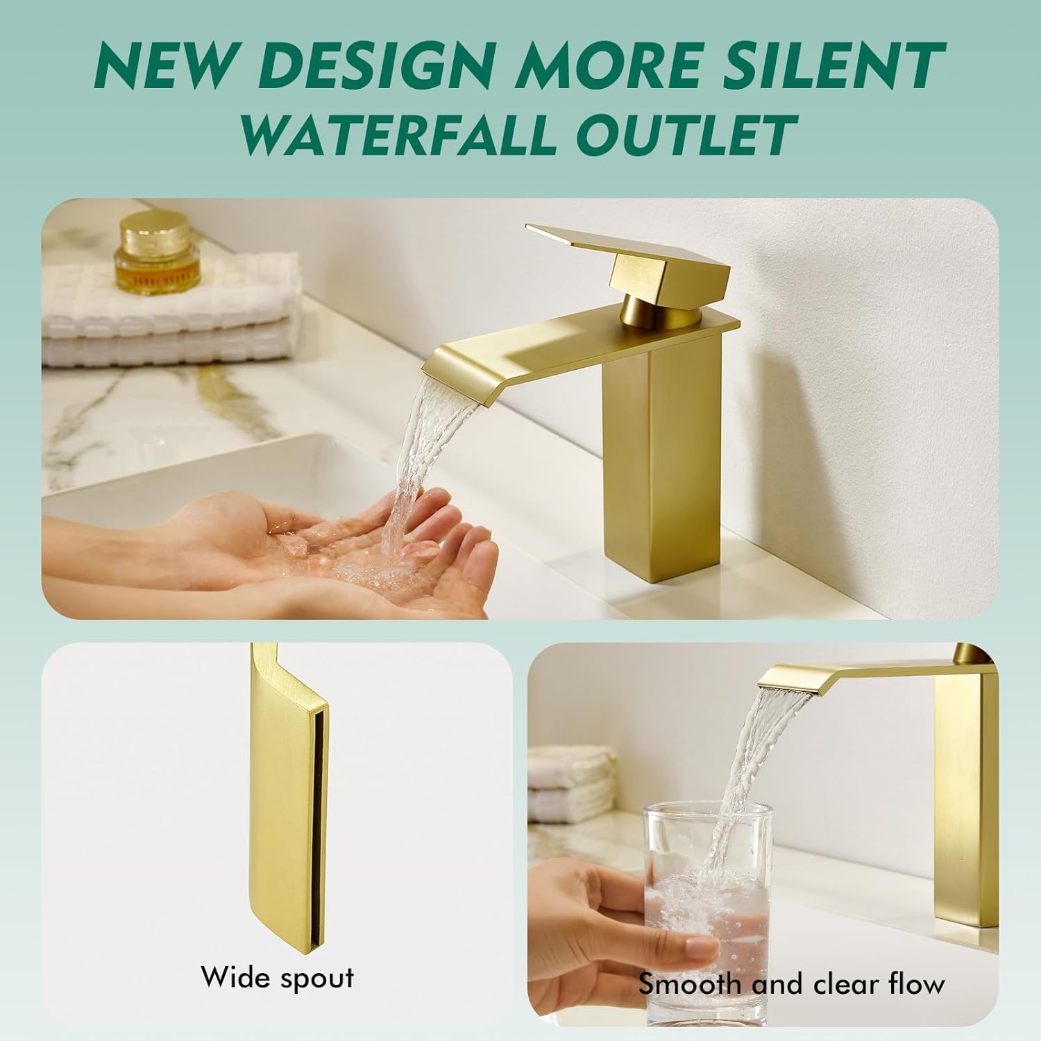 CREA Brushed Gold Bathroom Faucet 1 Hole,Gold Waterfall Bathroom Faucet Single Handle Bathroom Sink Faucet with Drain Stopper/ 3 Hole Deck Plate,RV Basin Vanity Faucet,Stainless Steel