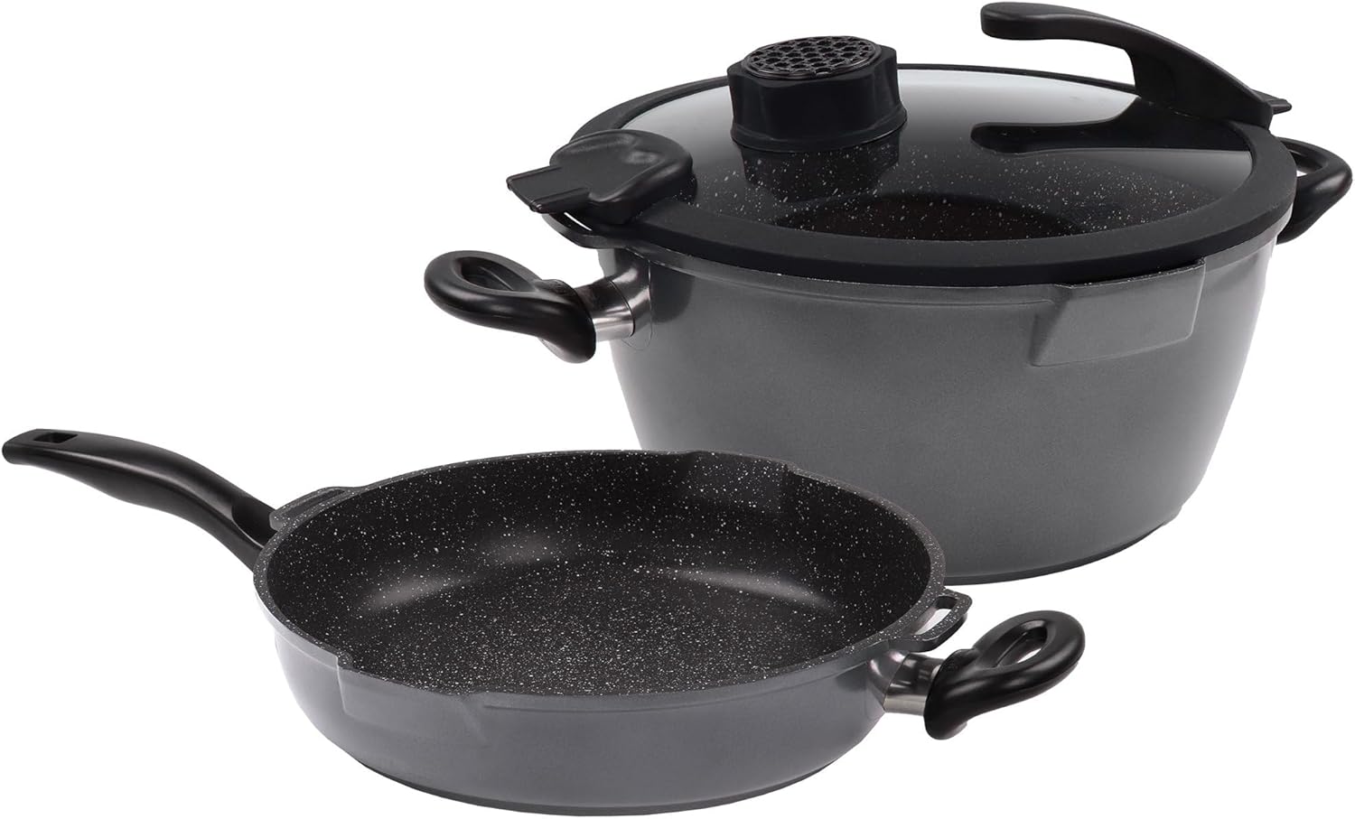 STONELINE Smell Well Future 4-Piece Set Sauté Pan and Stewing Pot Diameter Approx. 24 cm with Multifunctional Glass Lid and Smell Well Cartridge as Odour Filter or Aroma Function Includes Refill Set