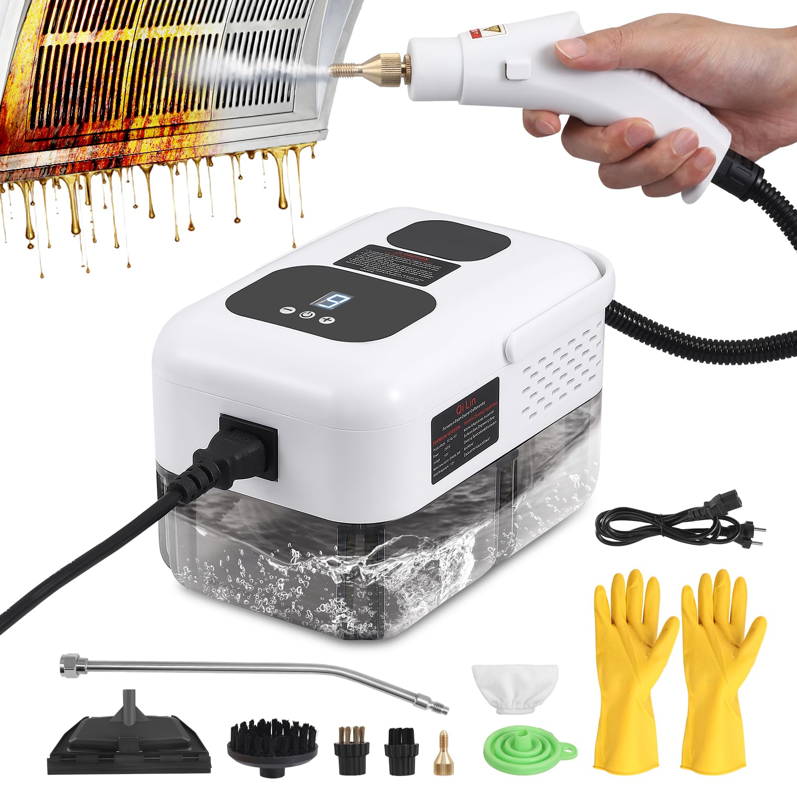 Limpiador Vapor,Limpiador Vapor PortáTil 2500W con 6 cepillos, de 1200ML de tanque,limpiador a vapor de Mano para Muebles de Cocina, Baño, Automóvil, Piso, Sofá