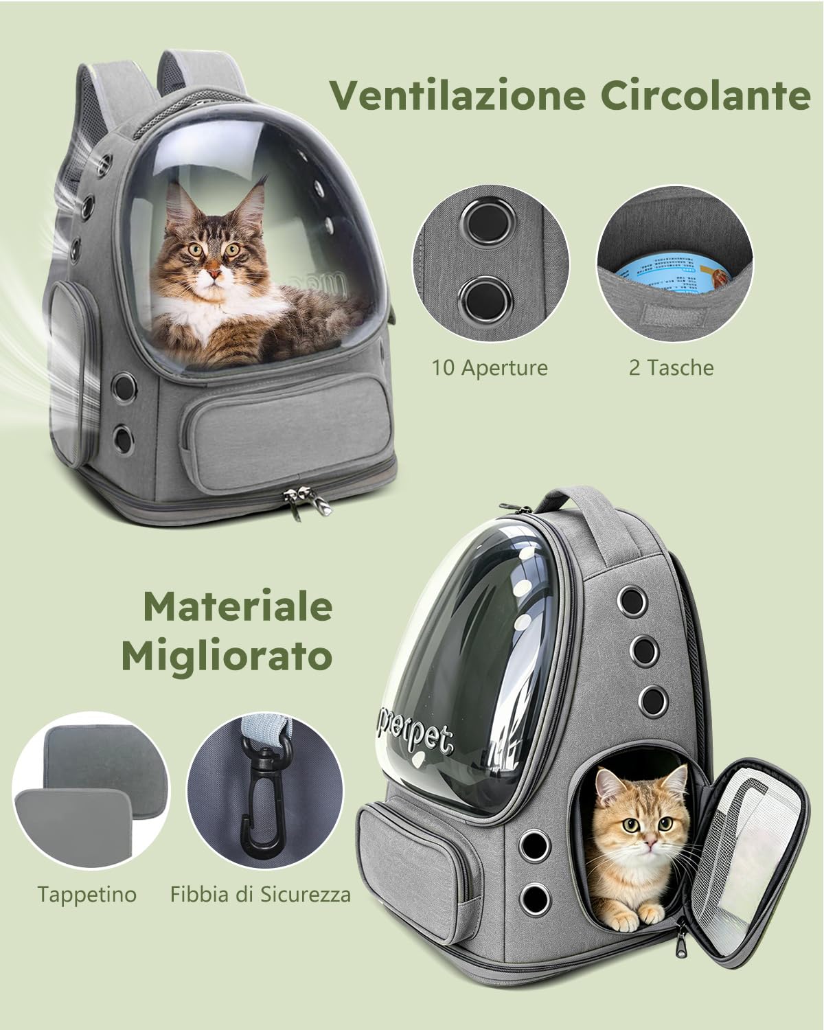 PETCUTE Zaino per Gatti e Cani,Zaino per Animali Domestici con Design a Bolle,Tappetino Rimovibile,Pieghevole e Portatile,per Animali Fino a 16lbs,per Viaggi,Escursioni e Cliniche Veterinarie,Grigio