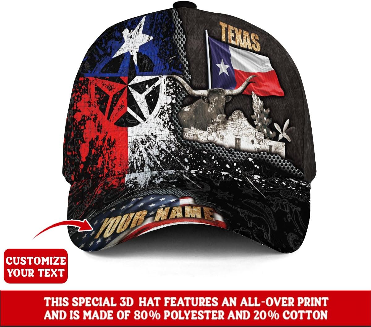 Personalized Texans Caps for Men, Custom Name Texas Baseball Cap, Customized Texans Hats, Mens American Flag Hat