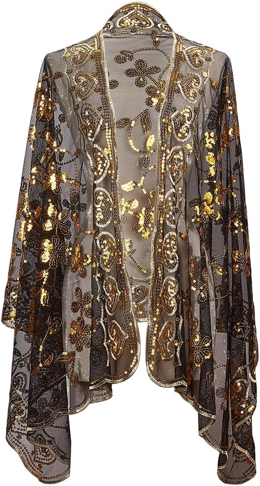 Black Floral Lace Embroidered Shawl Wraps Gold Sparkly Beaded Sequin Scarf Cape Flower Leaf Vine Pattern Vintage 1920S Long Sheer Pashmina Shawls for Women Evening Dress Wedding Bridal Party