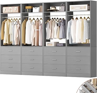Besiost Closet System Set of 4, 8FT Closet Systems with 12 Wood Drawers, 96" Closet Organizer System with 4 Hanging Rods & 4 Shelves, Heavy Duty 96 Inch Walk-in Closet, Grey 96"L x 15" W x 80" H