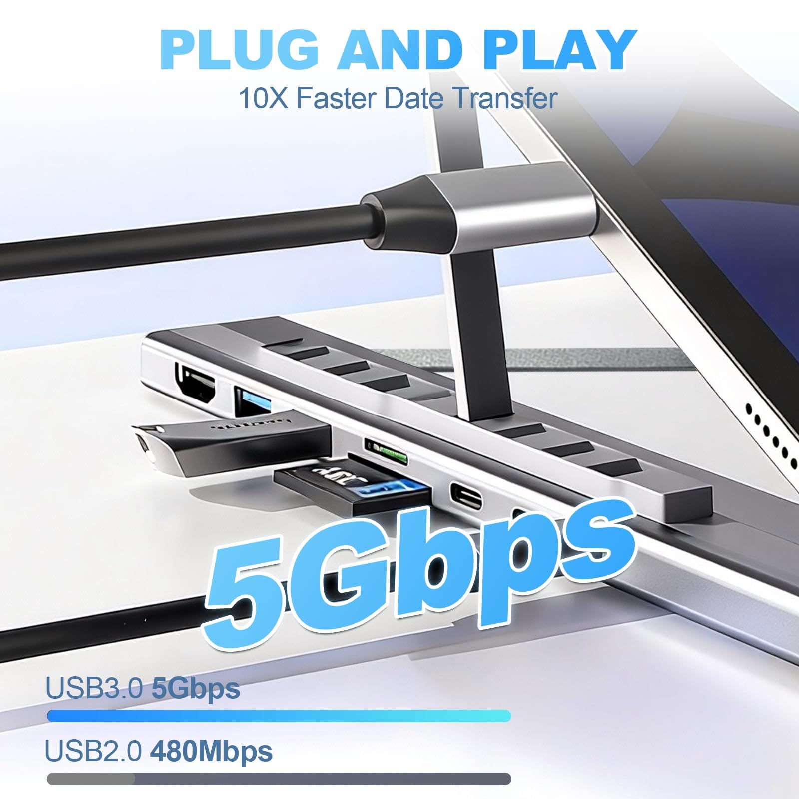 Support pour ordinateur portable 8 en 1 USB-C - En aluminium - Avec station d'accueil USB C 8 en 1 - Double support pliable avec 9 angles réglables - Avec HDMI 4K @ 30 Hz, USB 3.0, PD 100 W - Pour la