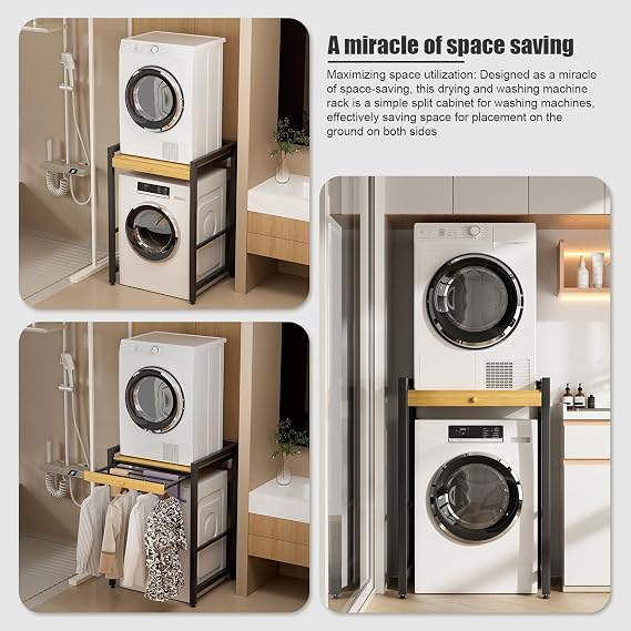Washer and Dryer Stand, Dryer Stacker Rack with Pull Out Drying Rack, Stackable Shelf for Laundry Room, Bathroom, Heavy Duty, Height Adjustable, 660lbs Capacity Brown