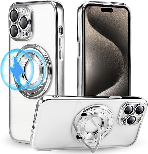 Funda magnética con soporte invisible para iPhone 15 Pro Max, compatible con MagSafe, protector de lente de cámara integrado, chapado de lujo,