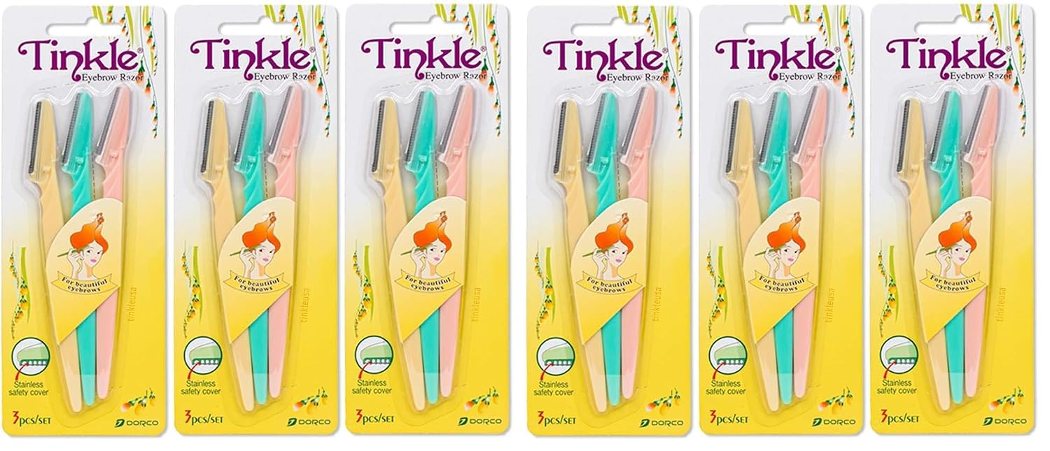 Tinkle Dermaplaning Tool 18ct, Dermaplane Razor for Women, Safe and Easy Peach Fuzz Remover, Eyebrow Trimmer with Protective Cover (12 Packs of 3)