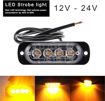 Led Strobe Lights - 4-LED Amber Strobe Lights | Aluminum Super Bright Waterproof Vehicles Trucks Strob Light, 12V-24V Beacon Warning Hazard Flash Strob Light Bar