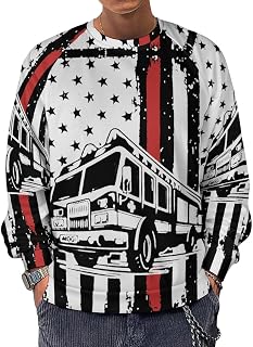 Fireman American Red Line Flag Men's Crewneck Sweatshirt Long Sleeve Casual Pullover Sweater T-shirt Lightweight Tops