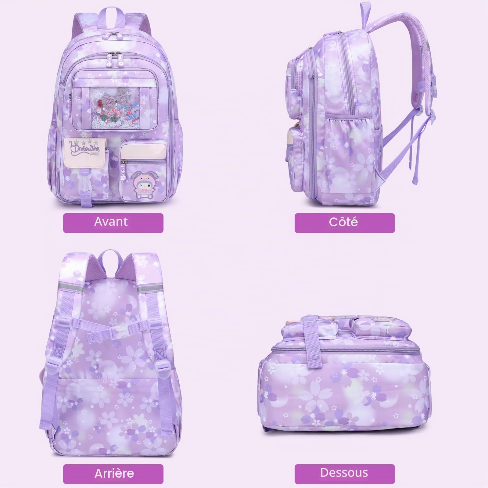 KEBEIXUAN Cartable Fille Primaire Kawaii, Sac à Dos Scolaire Léger et Résistant à l'Eau pour Filles 6-10 Ans (CP au CM2), Grande Capacité avec Accessoires, Idéal École et Loisirs (Violet)
