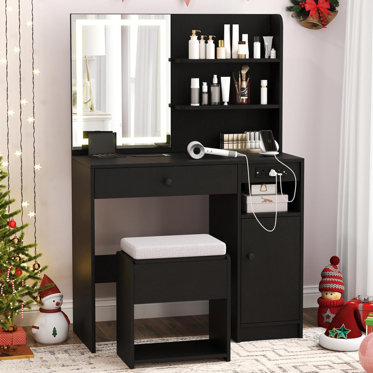 CHARMAID Vanity Desk with Mirror and Lights, Makeup Vanity Table with Charging Station, Storage Stool, Drawer, Cabinet, Shelves, 3 Lighting Modes, Black Modern Makeup Dressing Table for Girls Bedroom