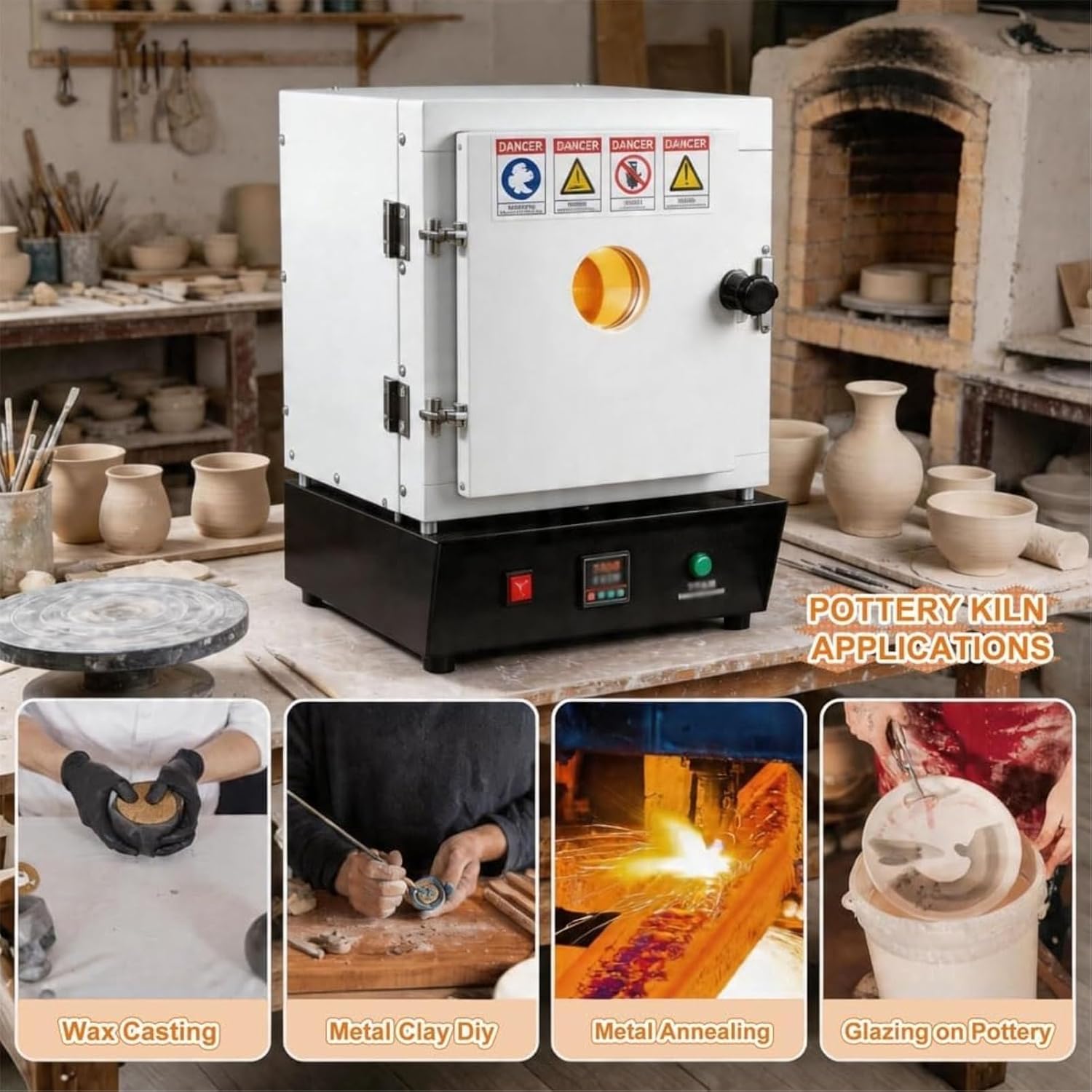 Electric Kiln for Jewelry Making and Pottery, 1500W, 0-2102℉/1150℃ Temperature Control, Muffle Furnace for DIY Projects and Metal Casting