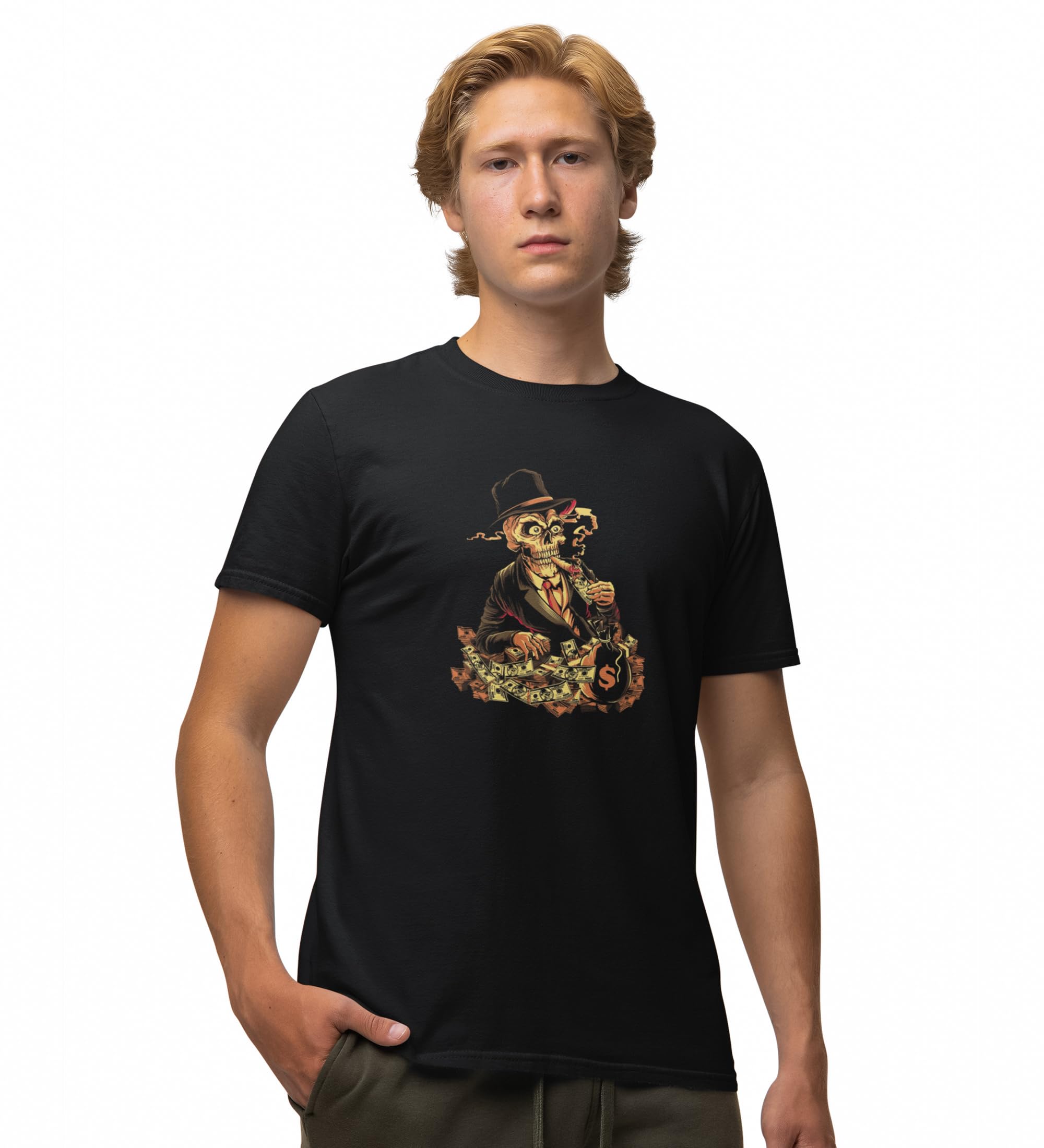 Rich Skull Black Round Neck Cotton Half Sleeved T-Shirt with Printed Graphics-image-43