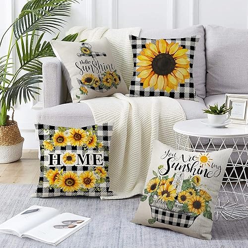 Miniatura 2 de pinata Juego de 4 fundas de almohada decorativas de girasol de 18 x 18 pulgadas, color amarillo burdeos, para sofá al aire libre, para primavera y