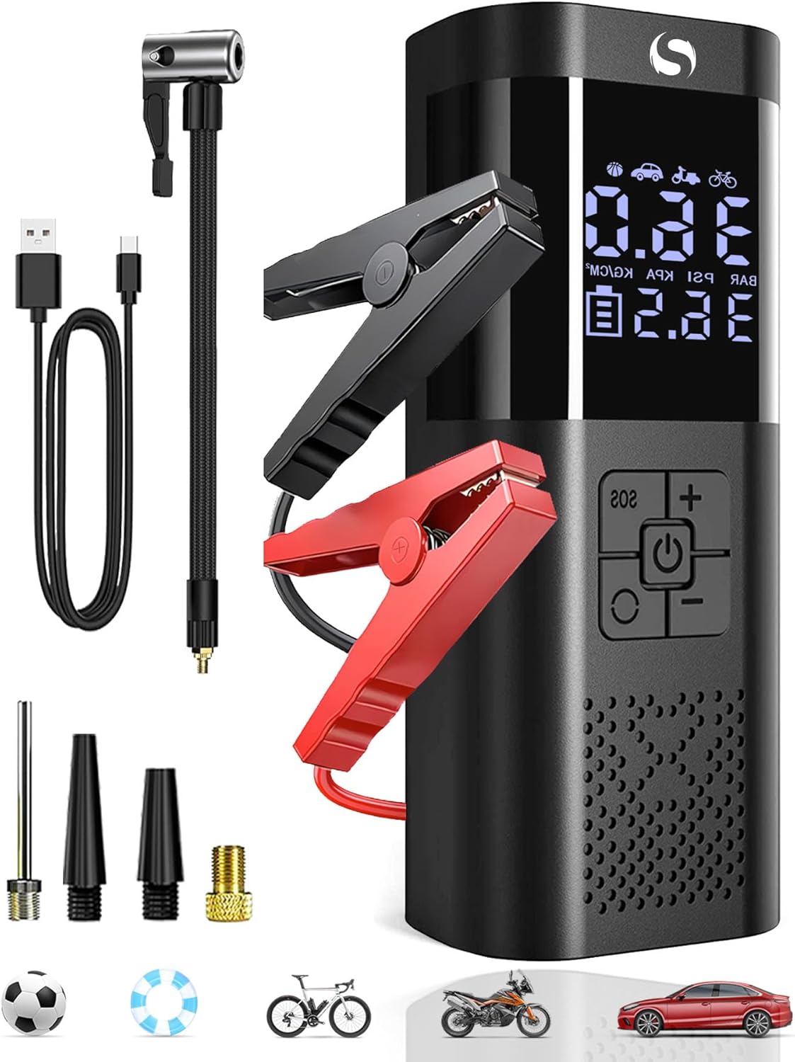 Jump Starter with Air Compressor, Jump Box Car Battery, Portable Jump Starter with LCD Display, Smart Jumper Cables, LED Light