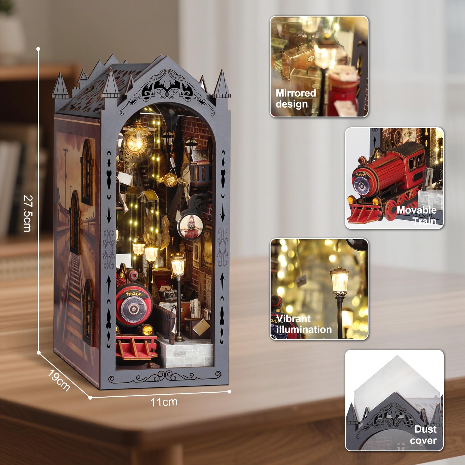 Cuteefun Book Nook Kit - Casa de Muñecas en Miniatura con Luces LED & Cubierta Antipolvo, Adornos Creativos para Estanterías, para Cumpleaños, Navidad, Halloween (Tren Mágico)