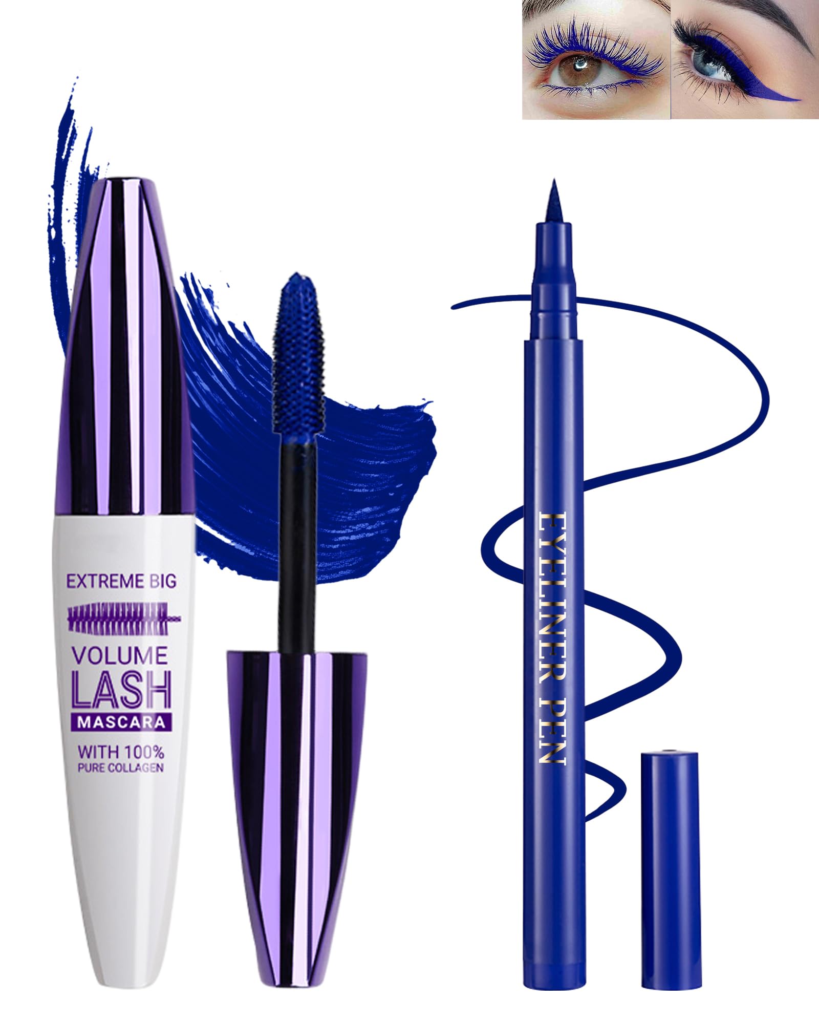 Blue Waterproof Mascara & Eyeliner Set, 5D Silk Fiber Liquid Lash Extensions Colored Tubing Mascara Volume and Length