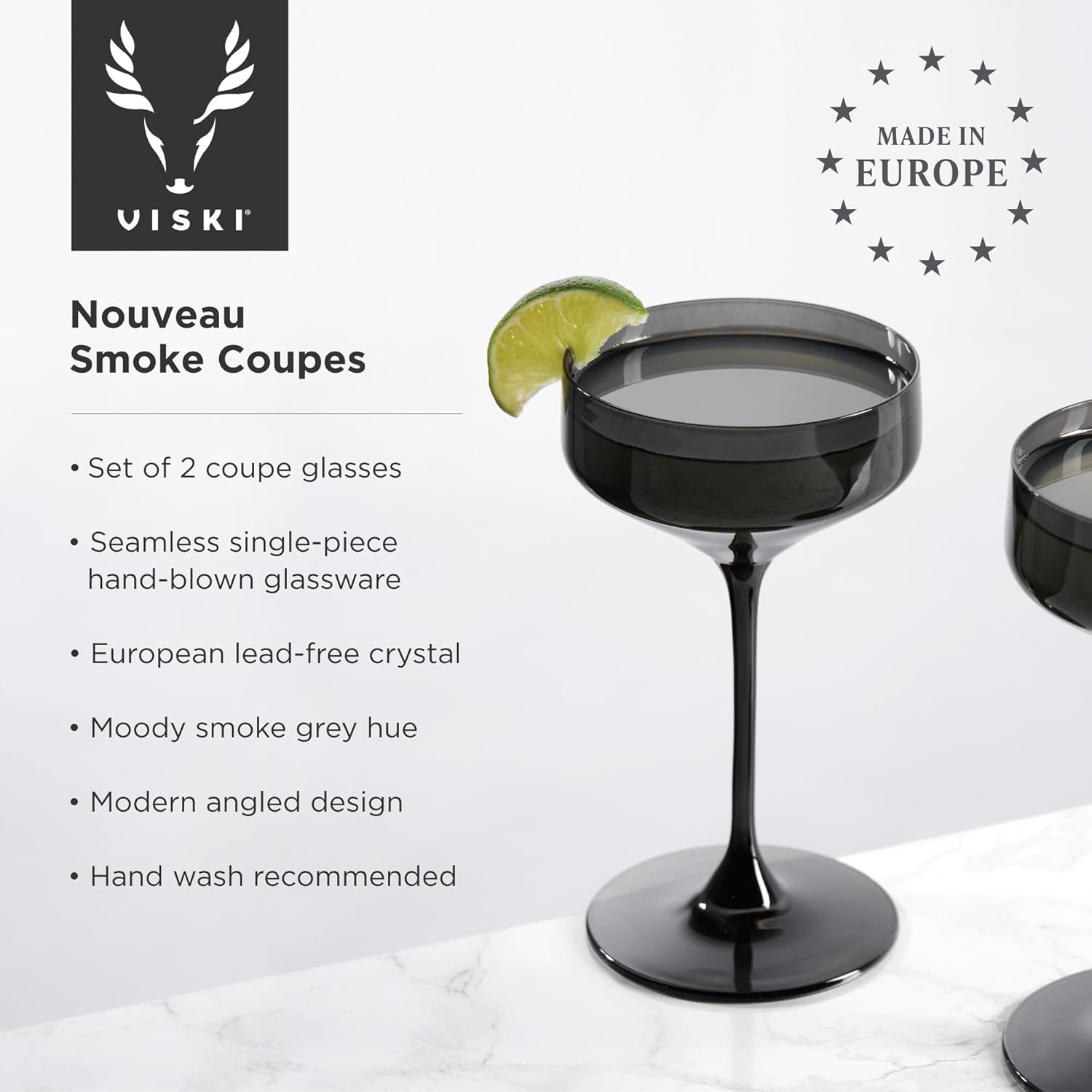 Viski Reserve Nouveau Smoke Gray Coupe Cocktail Glasses - Crystal Colored Coupe Glasses Colorful Martini Glasses - 6.5oz Long Stem Glassware Set Set of 2