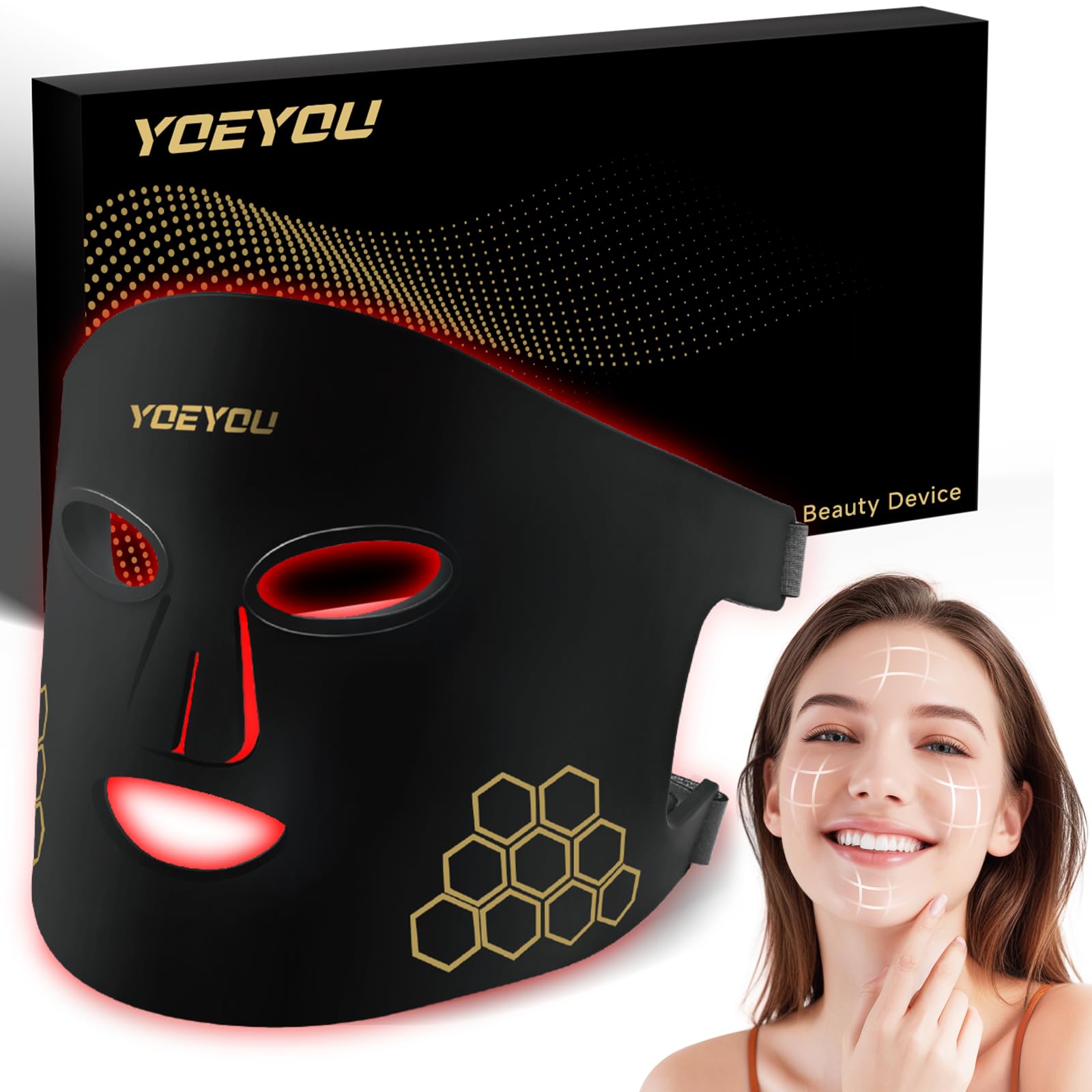 Red Light Therapy for Face, Infrared LED Face Mask Light Therapy 4 Light Waves with 850nm Near Infrared, Portable Rechargeable Red Light Therapy Mask Skincare Device for Facial Rejuvenation