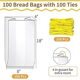 Bread Bags with Ties, 100 Clear Bread Bags for Homemade Bread and 100 Ties, Adjustable Reusable Plastic Bread Bags, Bread Loaf Bags for Home Bakers and Bakery Owners