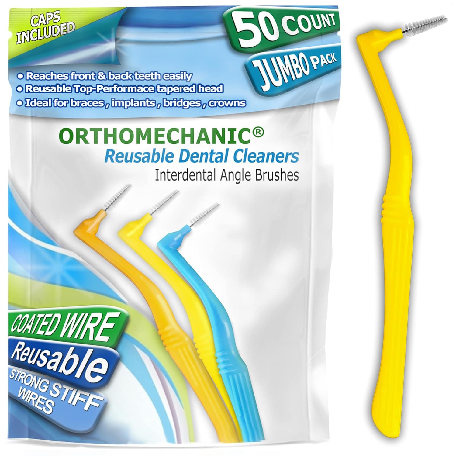 Orthomechanic Interdental Brushes Angle Cleaners - Jumbo Pack (50 Brushes) (Wide) - Remove Plaque - Toothpick