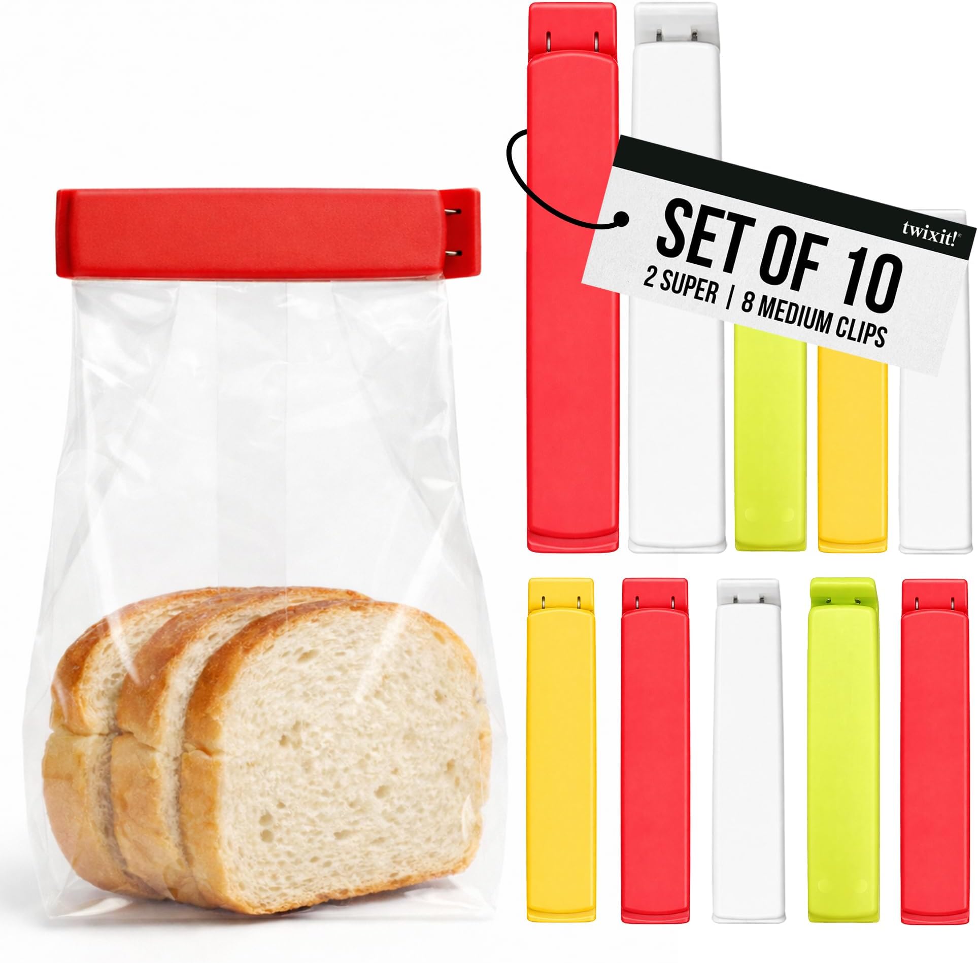 Twixit Bag Clips - Set of 10 - Keep Food Fresh, Prevent Spillage - Great for Storage and Organization - Microwave, Freezer and Dishwasher-Safe - BPA-Free, 2 Super 8 Medium