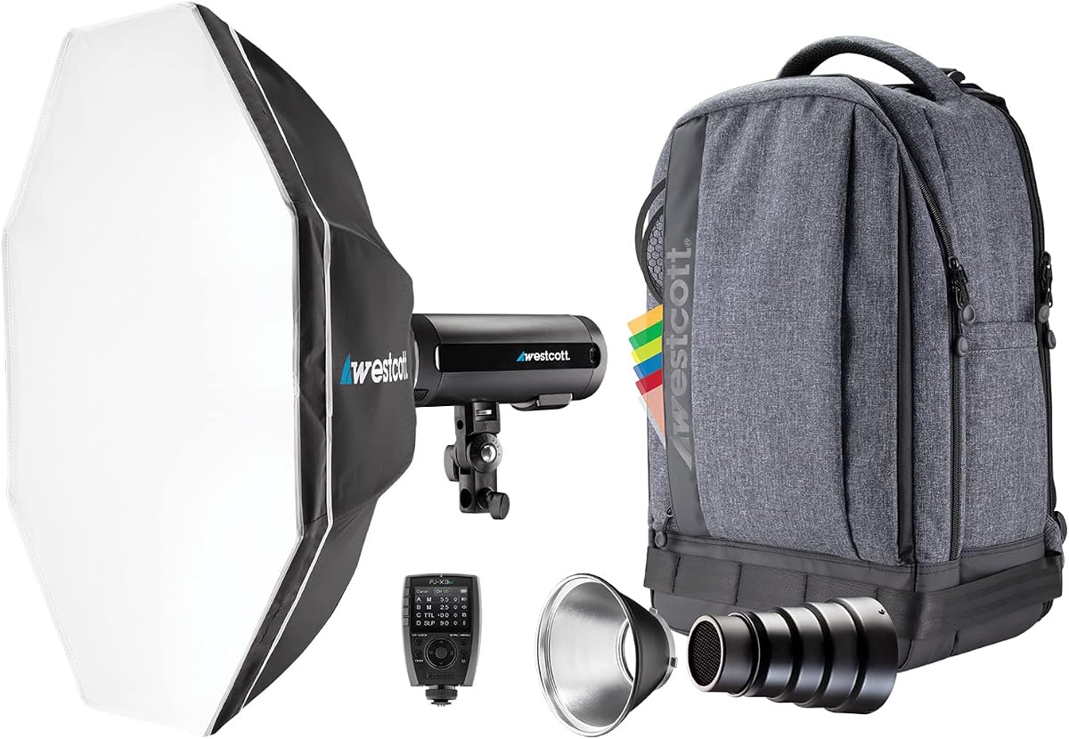 Kit de mochila estroboscópica de 1 luz FJ200 con disparador inalámbrico universal FJ-X3 M - Kit de iluminación para fotografía portátil con caja rápida Octa-S de 24" y disparador multimarca | Disparador inalámbrico universal FJ-X3 M