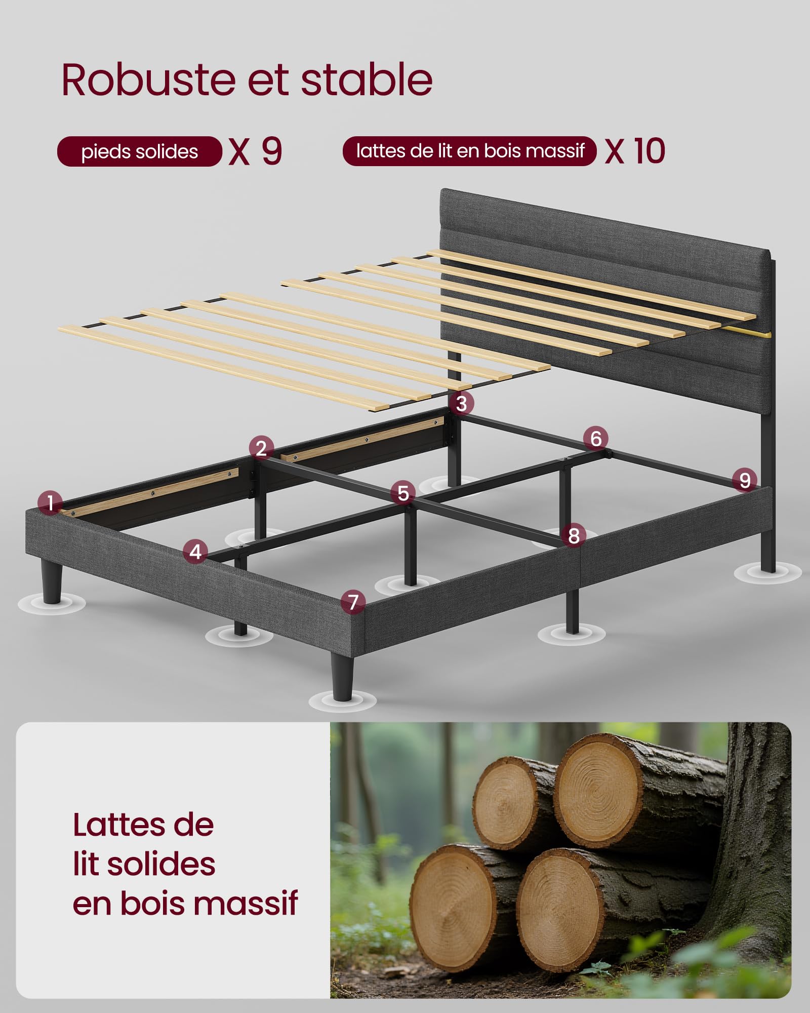 VASAGLE Lit Double, Cadre de Lit, Convient pour Un Matelas de 160 x 200 cm, Tête de Lit Rembourrée Ajustable, en Métal, Bois Massif, Moderne, Gris Ardoise RMB505G01