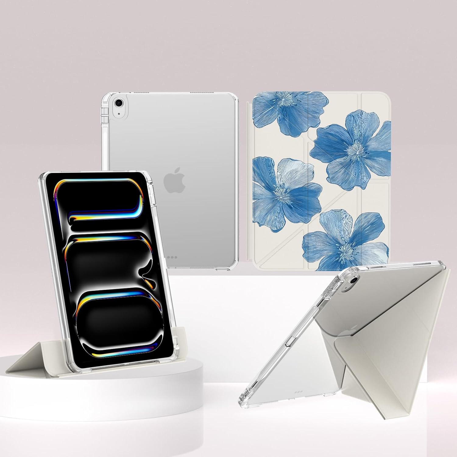 Idocolors Cute Case for iPad (A16) 11th Gen 2025 11-inch/10th Gen 2022 10.9 inch 2022, Clear Acrylic Back Case with Pencil Holder, Detachable Mutil Angles Folding Y-Shaped Stand Cover, Blue Flower