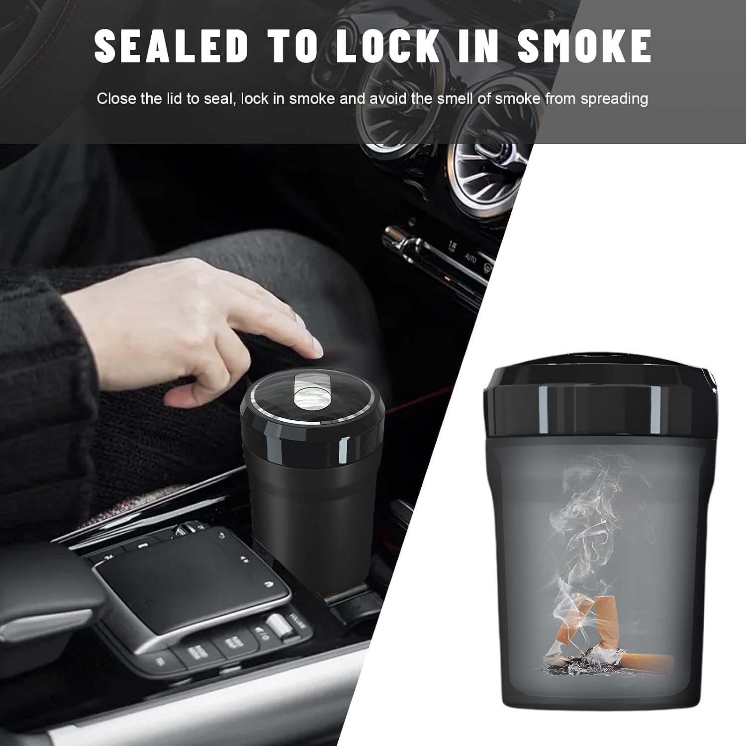 Car Ashtray with Lid, Detachable Smokeless Vehicle Cylinder Ashtray with LED Night Light, Portable Cup Holder Cigarette Trash Can Smellproof Ash Tray for Car Home Office (Black, Large)
