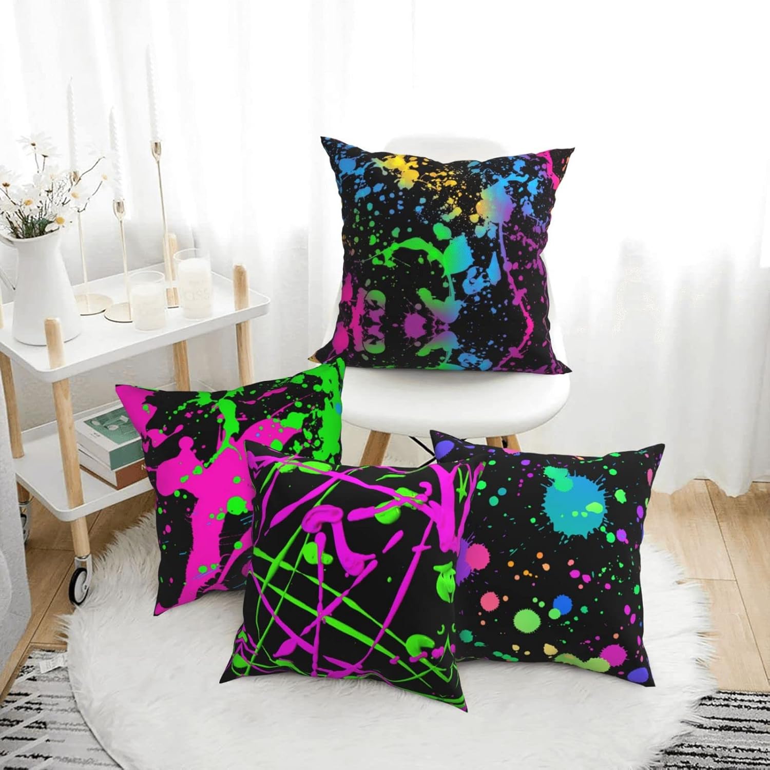 Glow in Dark Splatter Neon Set of 4 Throw Pillow Covers Square Pillowcase Home Decor for Couch Sofa Bed, Double-Sided Pattern 18x18 Inches