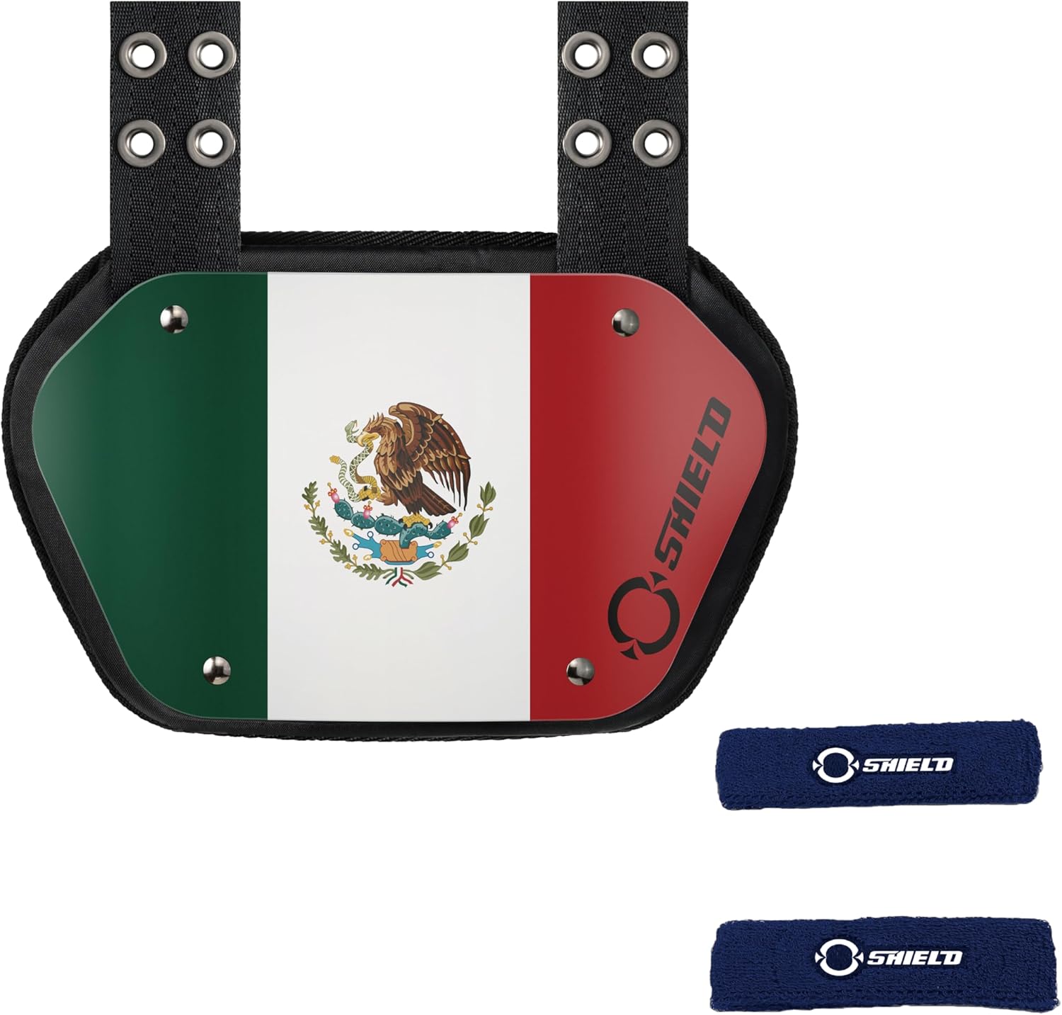 O Shield Mexican Flag Football Backplate with Royal Blue Sports Arm Band, Backplate Football with Bicep Band, Sold by Package