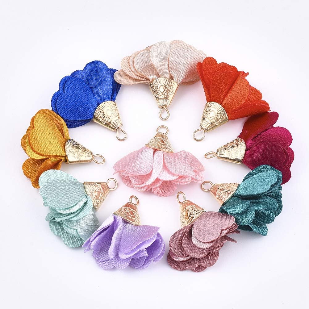 Cheriswelry 200pcs Cloth Fabric Flower Pendants Acrylic Pearl Floral Petal Tassel Charms with Golden Filigree Flower Metal Cap Mixed Color for DIY Earrings Keychain Jewelry Making Crafts 30-35mm