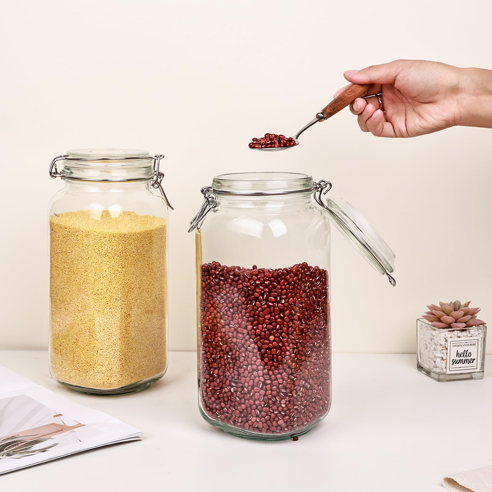 Barattoli in vetro per alimenti da 2,211 g, con coperchi ermetici, confezione da 3 barattoli da cucina grandi per farina, cereali, fagioli, pasta e conserve, barattoli quadrati con etichette