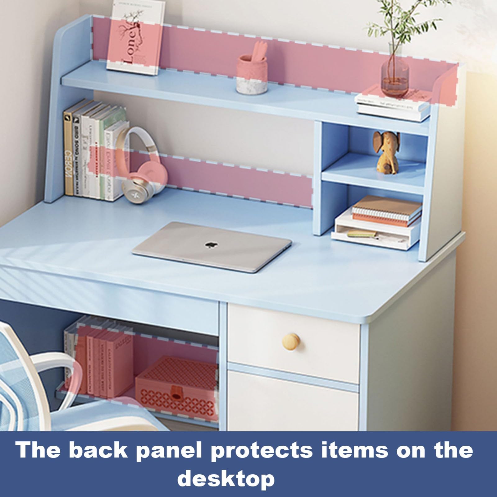 Escritorio Infantil con Estantes y Taquilla,Madera Maciza Mesa Niños Infantil,Rosa Mesa de Aprendizaje Infantil para Dormitorio O Estudio 80 * 40 * 110cm