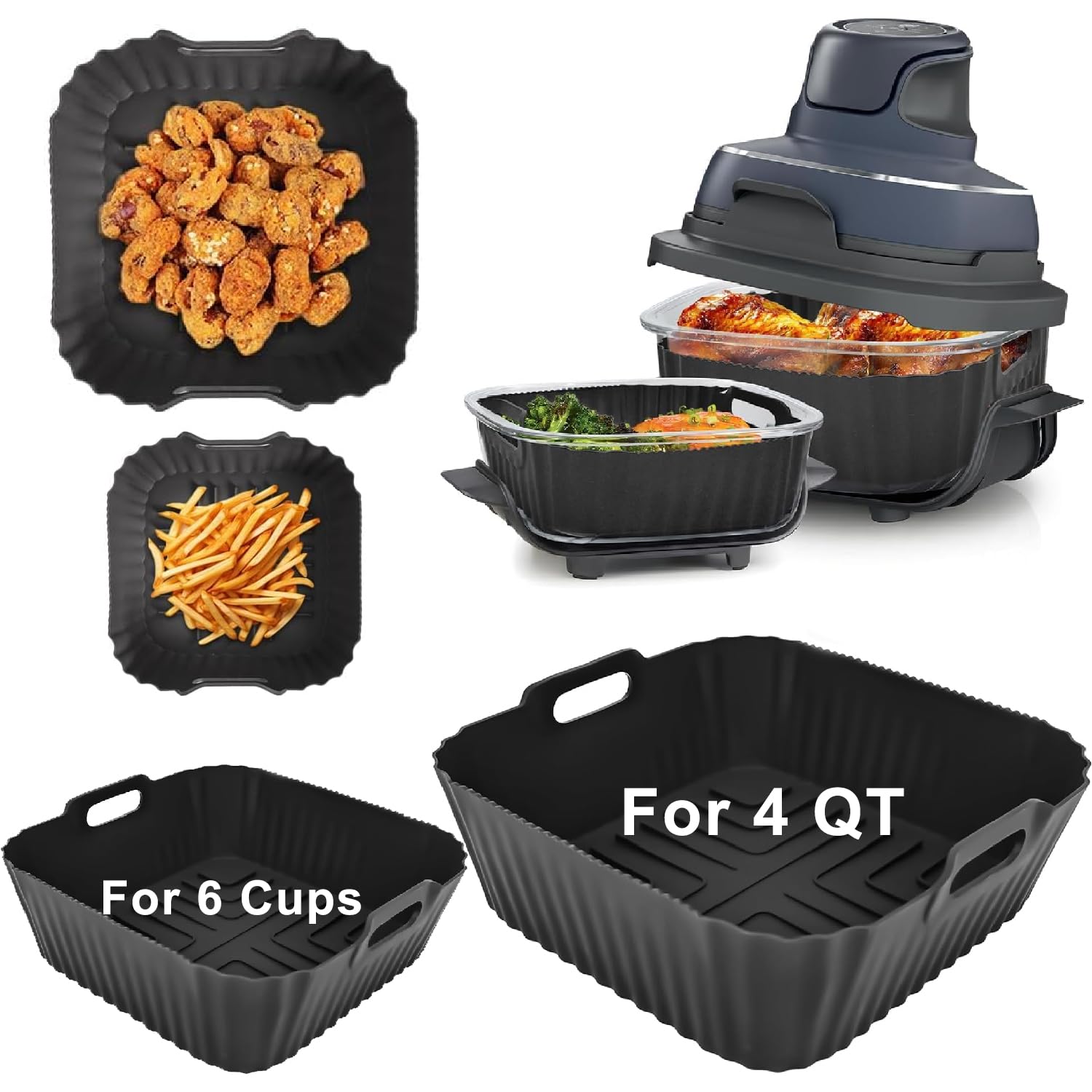 YJWYDM Air Fryer Silicone Liners for Ninja Crispi FN101GY, Reusable Ninja Glass Air Fryer Accessories, Big Liner for 4QT Container, Small Liner for 6Cups Container, Airfryer Replacement Insert