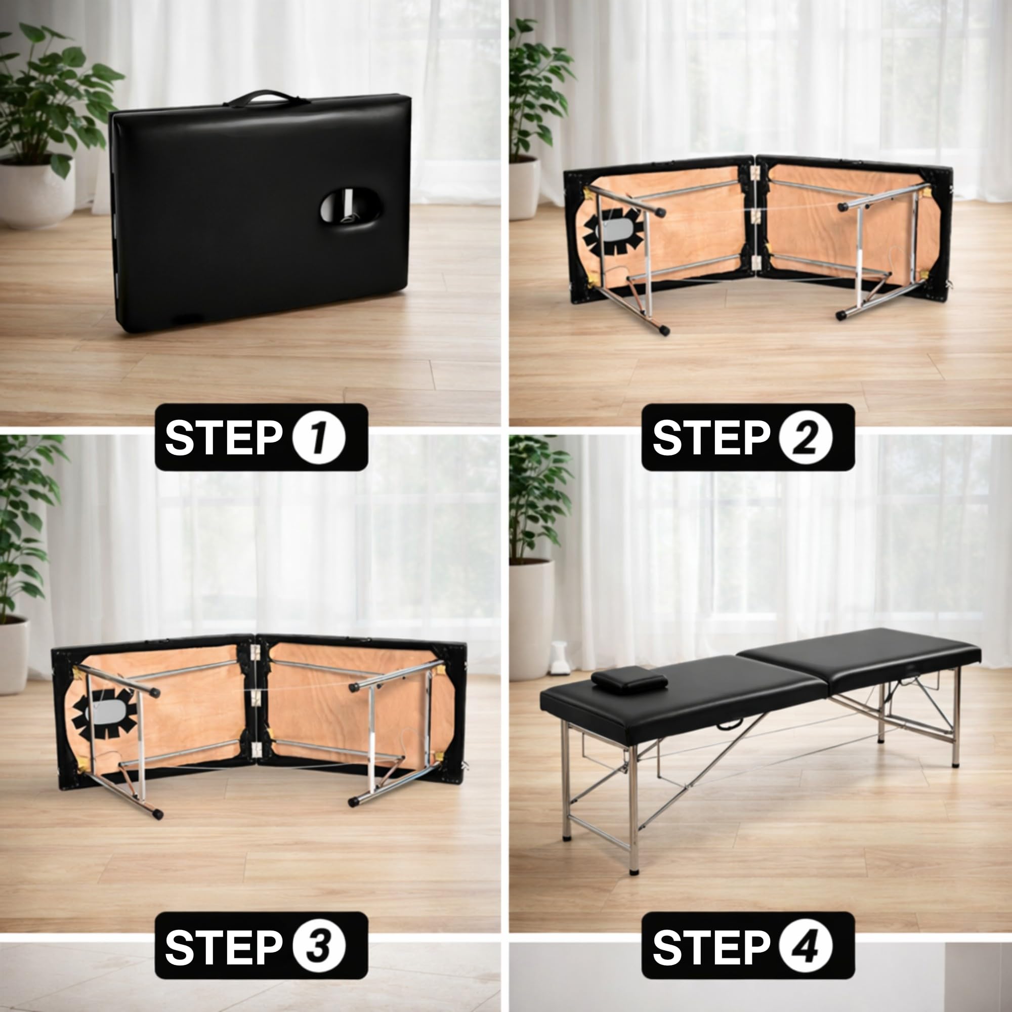 Mesa de masaje plegable profesional Maya de 2 planos, ligera y ergonómica con asa integrada, revestimiento de piel sintética, comodidad óptima (aluminio, negro)
