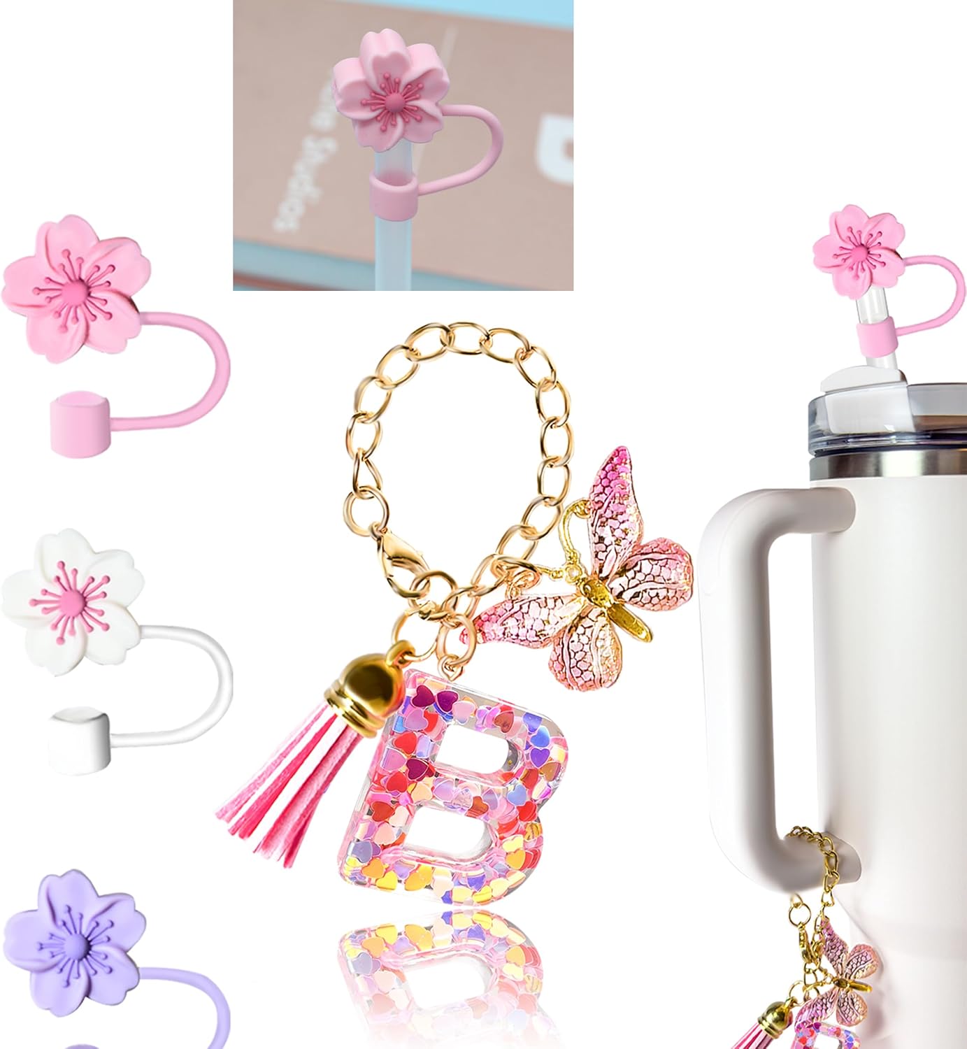 Compatible with Stanley Cup Accessories, Letter Charm and 3Pcs Silicone Straw Cover, 0.4" 10MM Straw Toppers for Stanley 30 40 oz Tumbler, Pink Initial Letter Charm with Butterfly and Tassel, Letter B