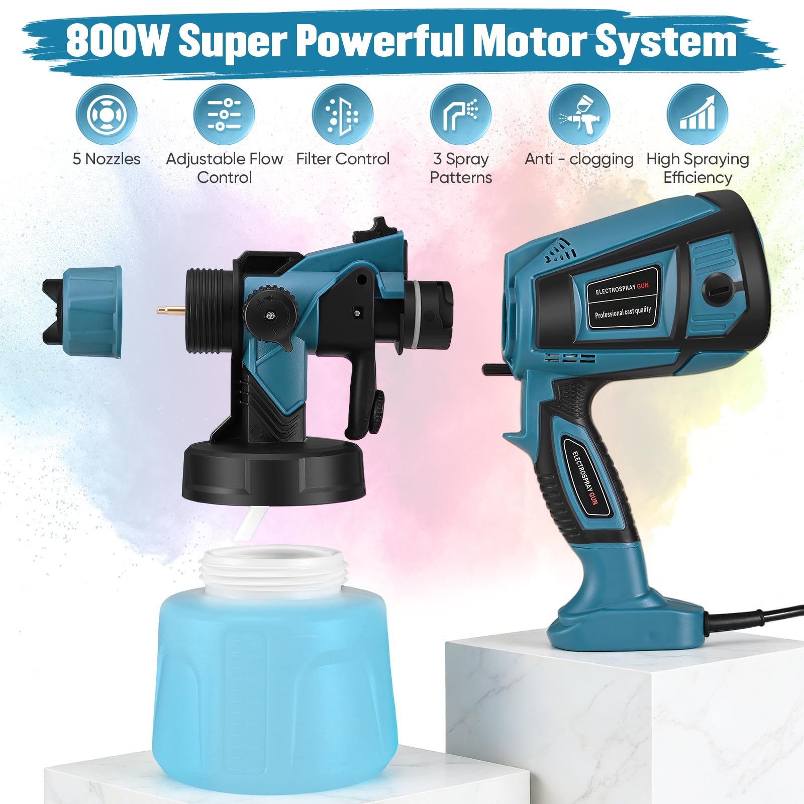 Sunowl Pistola a Spruzzo per Verniciare, 800W Pistola Vernice a Spruzzo Elettrica con 4 Ugelli e 3 Modalità di Spruzzo (blu)