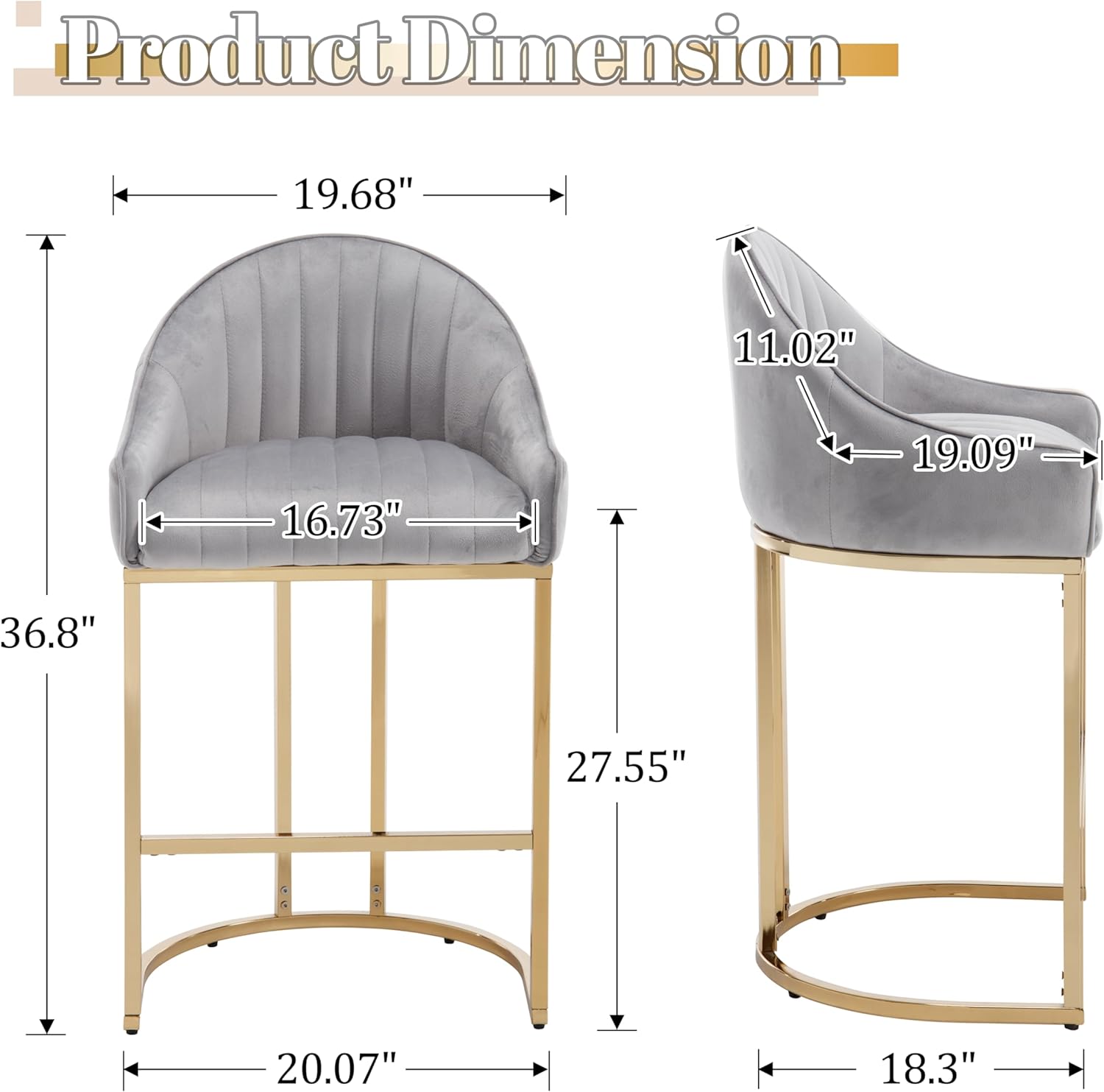 Counter Height Bar Stools Set of 2, 27.5" H Modern Barrel Counter Stools with Shell Back and Chrome Metal Base (Grey + Golden Base, Set of 2)