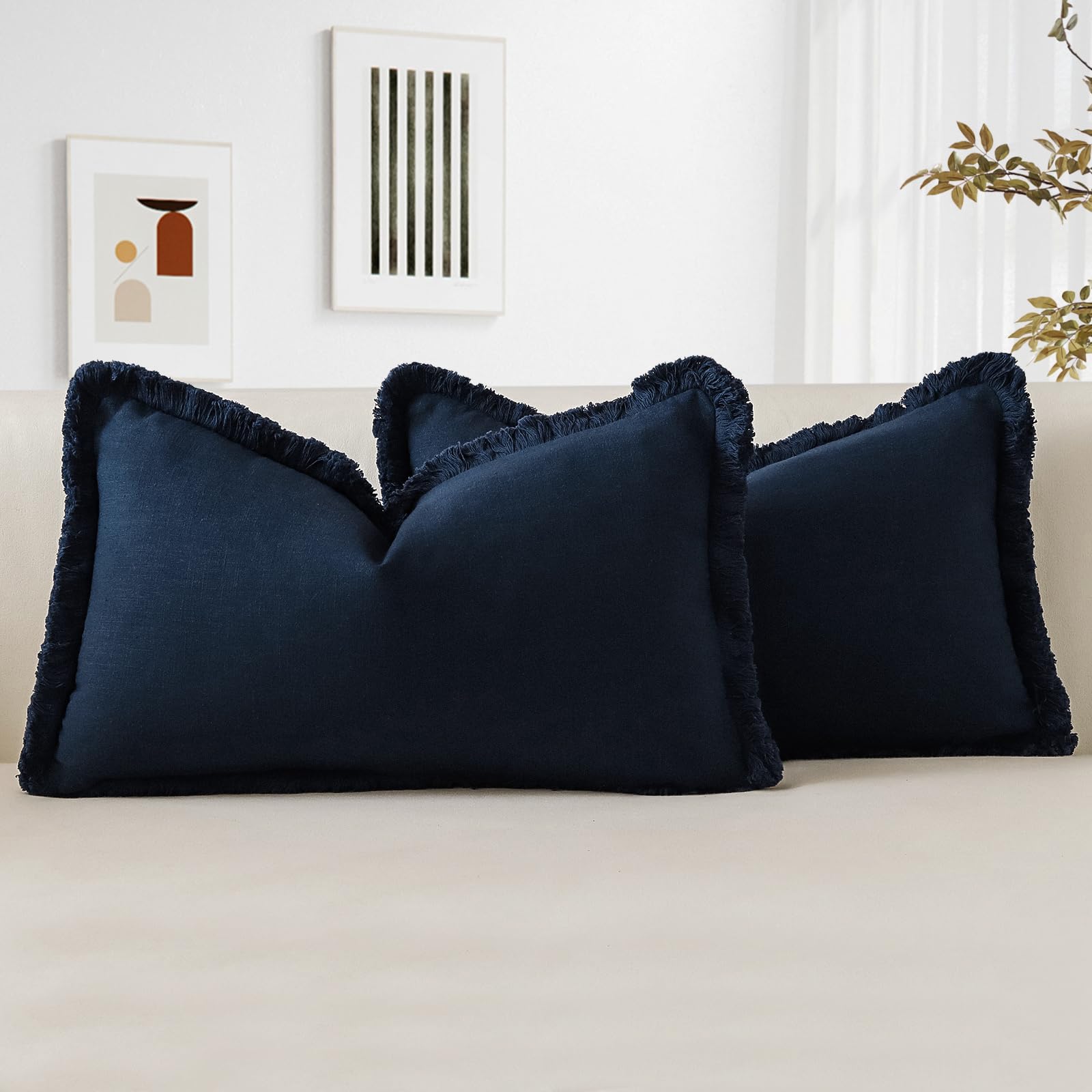 OTOSTAR Set di 2 federe decorative in lino con frange, 30 x 50 cm, morbide federe per cuscino lombare, con nappe, decorazione per la casa, per divano, patio, letto, soggiorno, blu navy