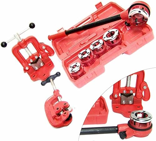 Miniatura 2 de Kit de enhebrador manual de tubo de trinquete, con cinco moldes + cortador de tubos + tornillo de banco para corte profesional y roscado de tubos