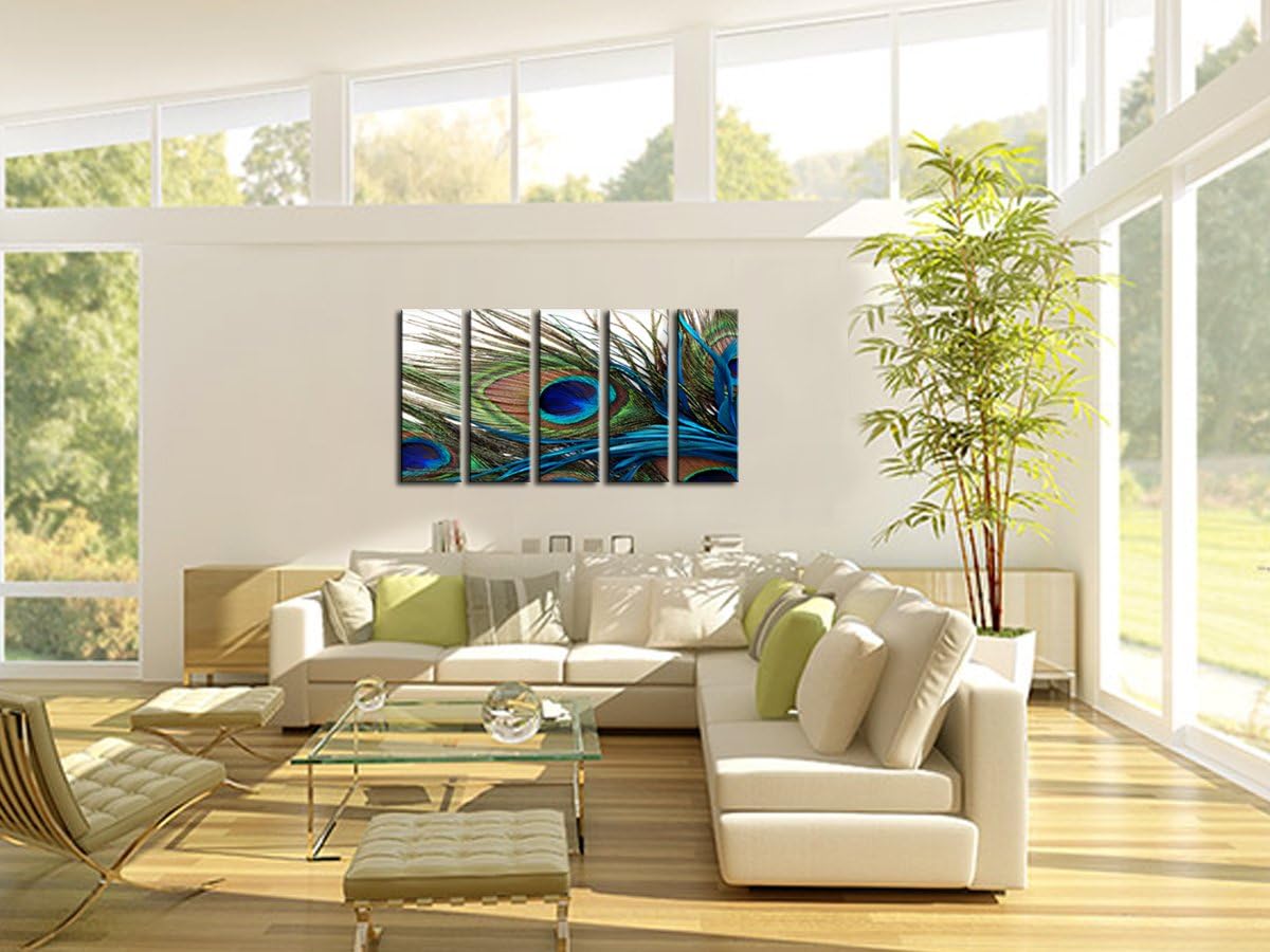 Canvas Prints Wall Art Peacock Feathers Painting Bird Plume Modern Art for Living Room Decoration Ready to Hang Set of 5