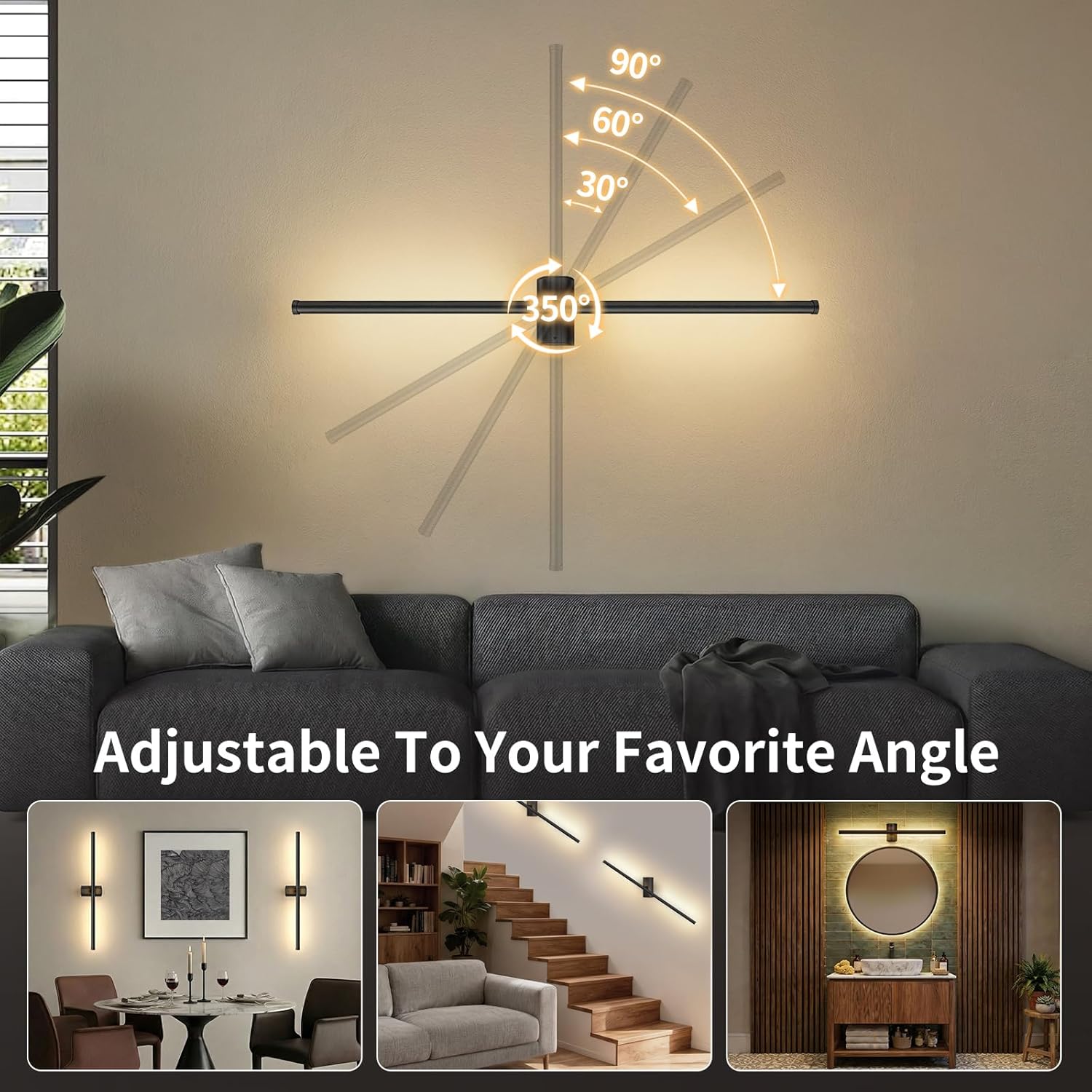 ONEWISH Battery Operated Wall Sconces Set of 2, 27.75" Rechargeable Wall Lights with Remote & Removable Battery, 3-Color Dimmable Wireless Sconces for TV Wall Decor, Picture Light, Bedroom, Black