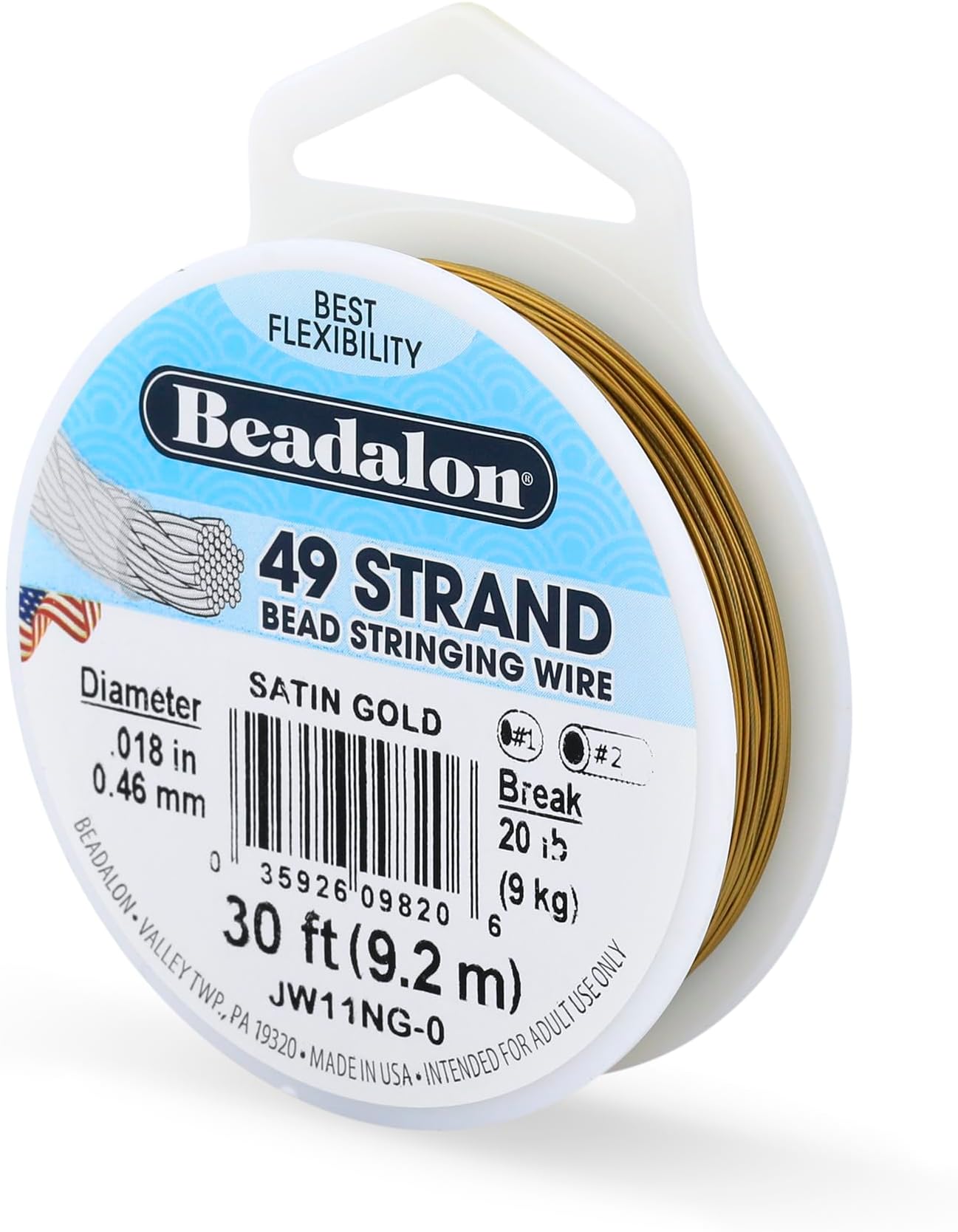 Beadalon 49 Strand Stainless Steel Bead Stringing Wire, .018 in / 0.46 mm, Satin Gold, 30 ft / 9.2 m