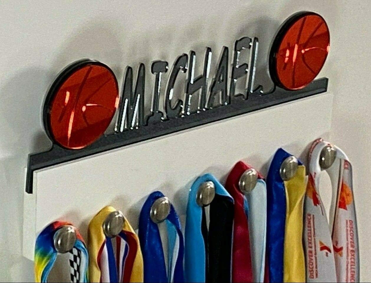 Custom Personalized Name Medal Holder Basketball Sports Display Awards Wall Organizer Hanger Rack with Hooks for 60+ Medals, Ribbons, Sports 16'' Wide, Made to Order with Your Name On It
