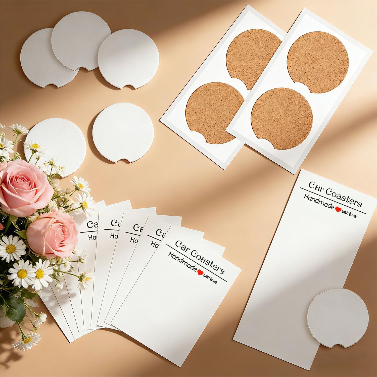 312 Pcs Ceramic Car Coasters, 2.64'' Sublimation Coasters Blanks with Bags and Cards Set, Ceramic Car Coasters for Cup Holder with A Finger Notch for DIY Crafts