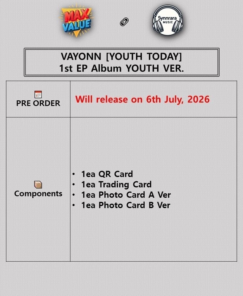 VAYONN YOUTH TODAY 1st EP Album YOUTH Ver/QR+Trading Card+2 Photo Card OFFICIAL